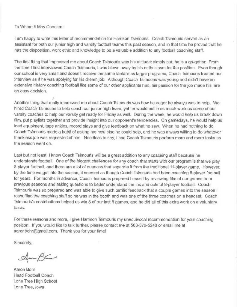 Harrison Tsimouris: A letter of recommendation from Lone Tree Head Coach Aaron Bohr 
